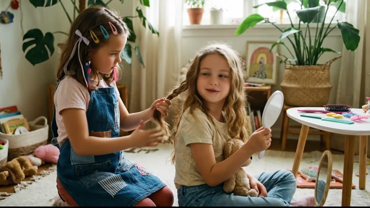 Two Happy Girls Playing and Braiding Hair at Home