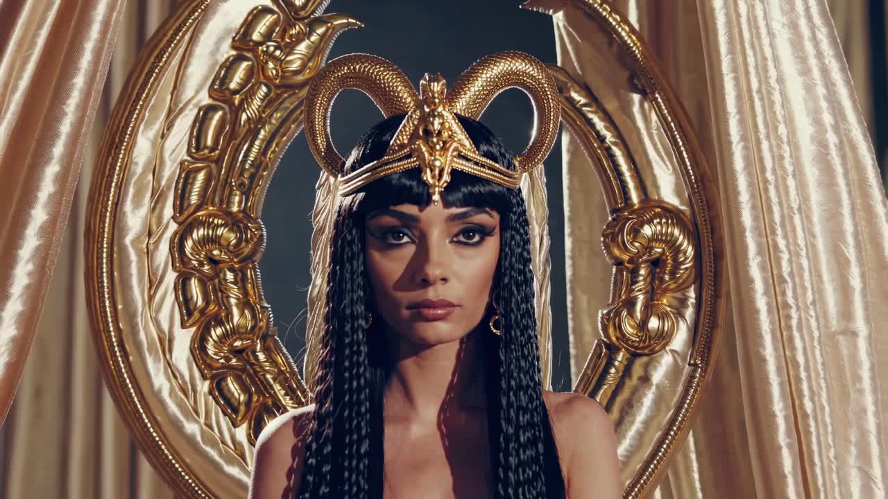 A regal woman in Egyptian attire with ornate headpiece, captured in a frontal close-up