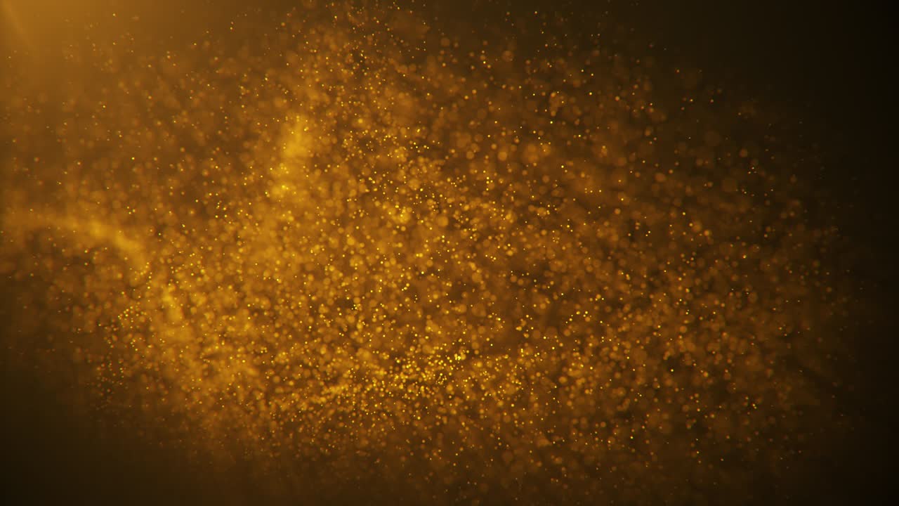 partículas de polvo de oro abstracto en el aire. brillo dorado partículas de polpo flotantes, efecto de cámara lenta. partículas doradas relucientes con efectos bokeh. ciclo de animación 4k abstracto partículas sin costuras de fondo