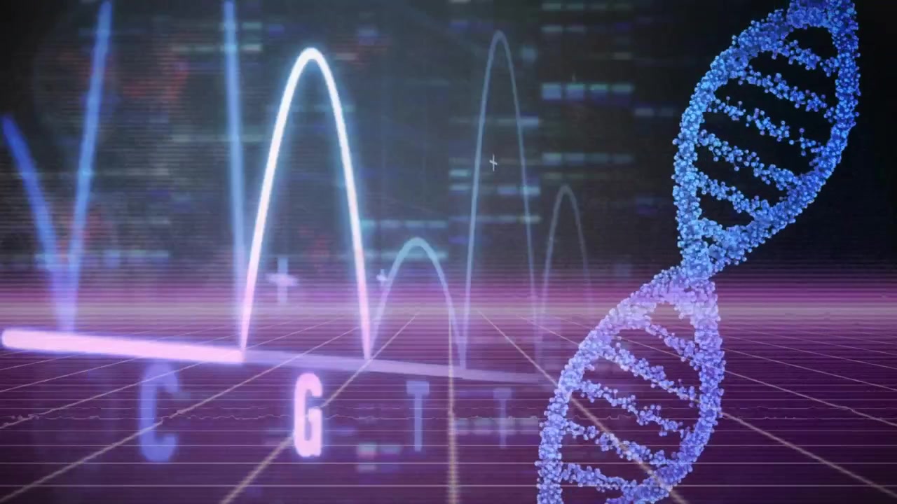 Animation of financial data processing with dna strand over grid