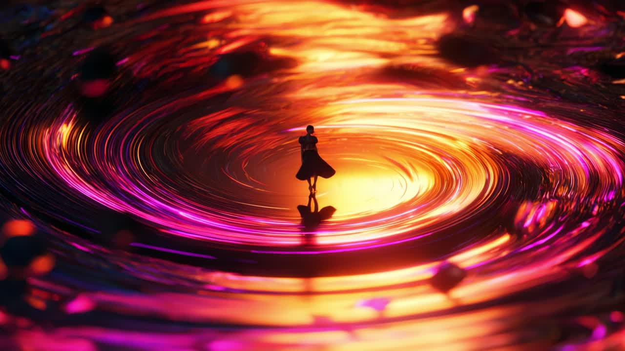 A captivating figure gracefully dances through a swirling vortex of vibrant colors and dynamic patterns, creating an enchanting atmosphere of movement and energy