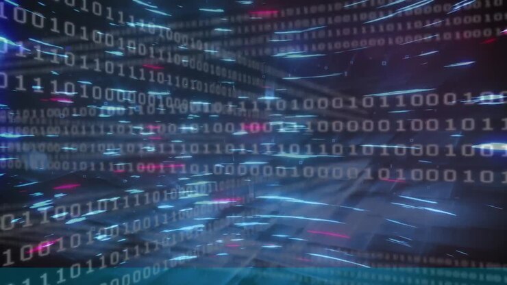 Binary coding and light trails moving against blue background