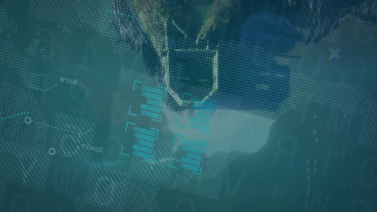 Digital data processing animation over aerial view of coastal landscape