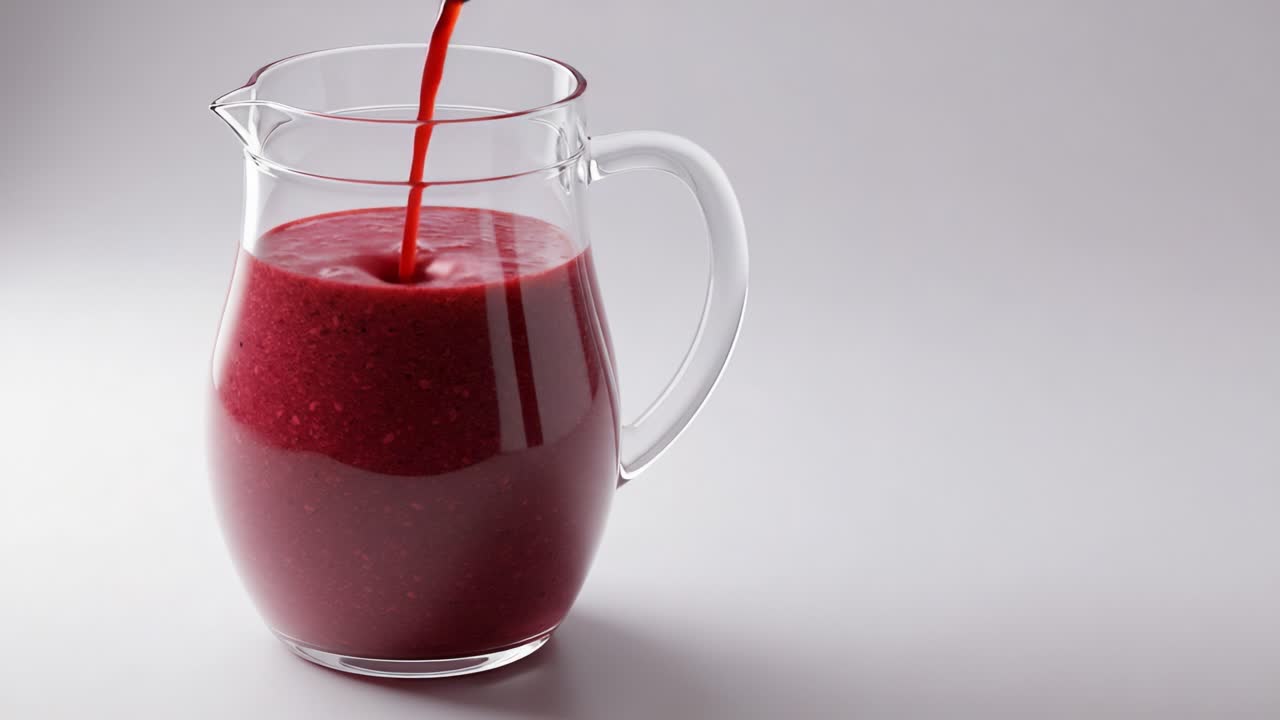 Versare uno smoothie rosso in una brocca di vetro