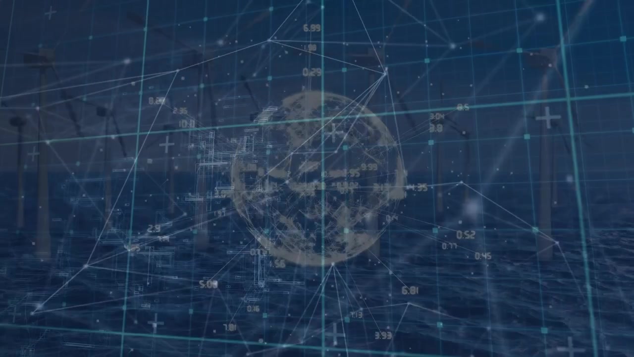 Animation of data processing and wind turbines over globe