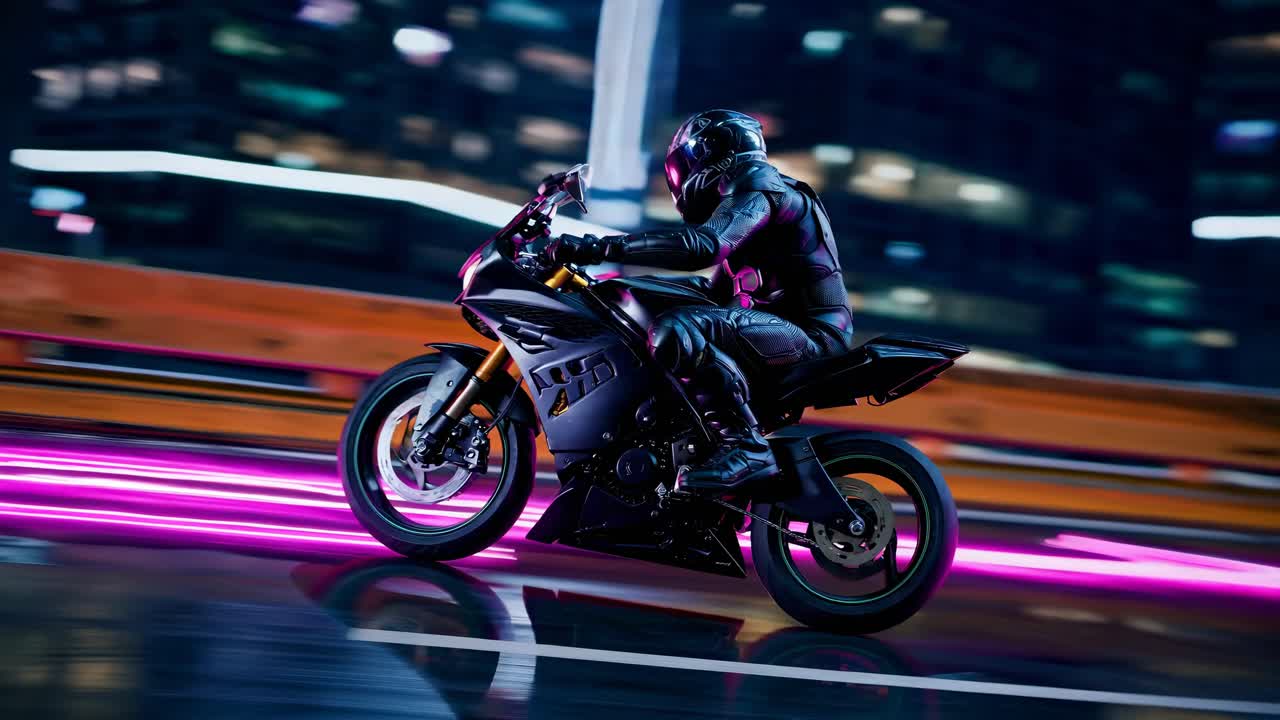 Dynamic side view of a motorcyclist speeding through a neon-lit cityscape, capturing a futuristic