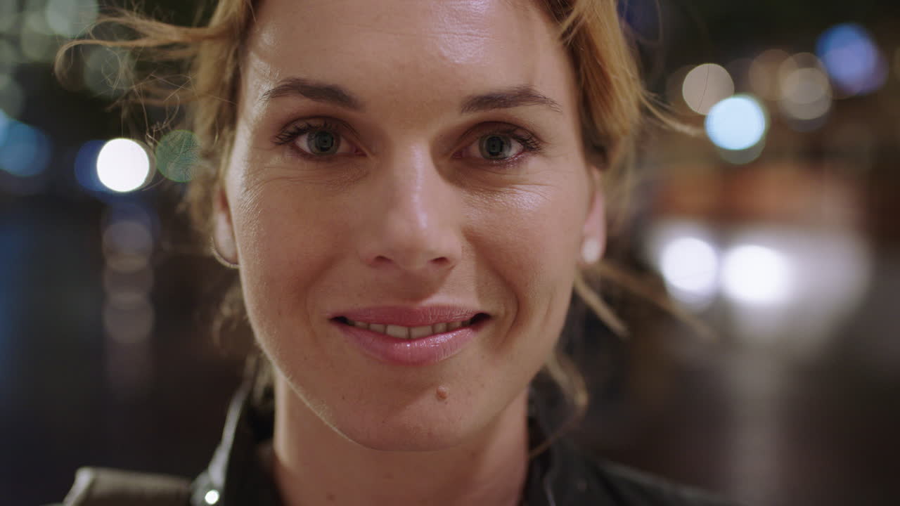 retrato de cerca de una atractiva mujer rubia sonriendo feliz disfrutando de la noche en la ciudad