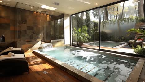indoor swimming pool with waterfall and garden view