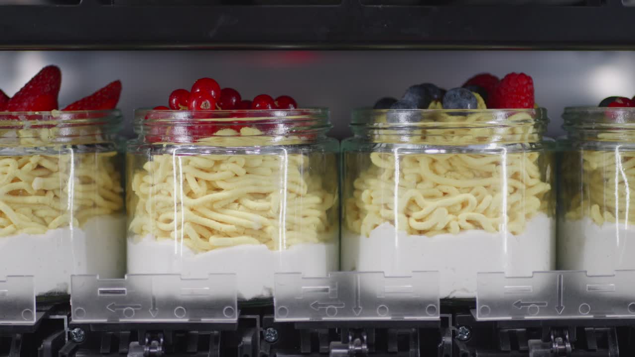 Refrigerated dessert jars of delicious pasta ice cream with toppings strawberries and raspberries neatly placed in fridge section.
