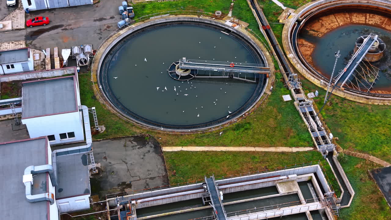 Secondary clarifiers and aeration basins at wastewater plant. Top view of circular and rectangular tanks with seagulls during water treatment process
