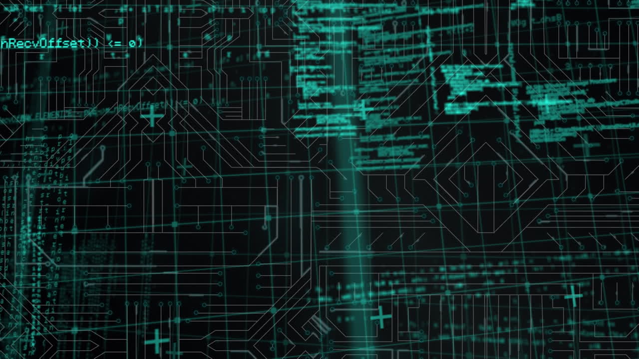 animación del procesamiento de datos sobre circuito integrado en espacio verde y negro