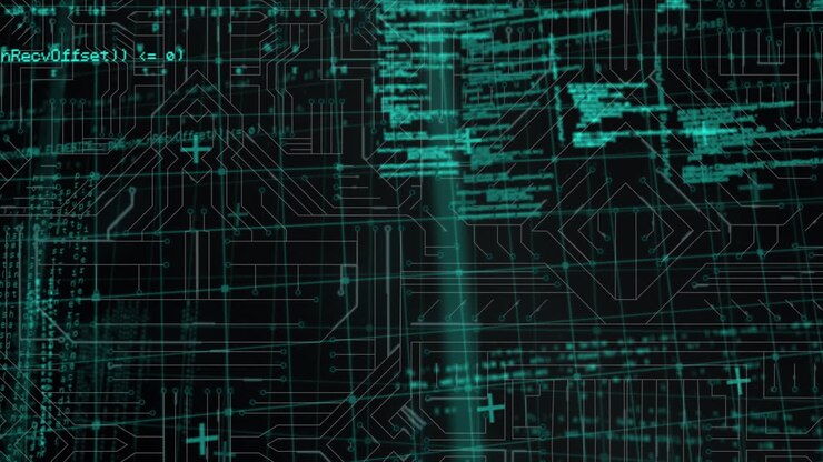 Animation of data processing over integrated circuit in green and black space