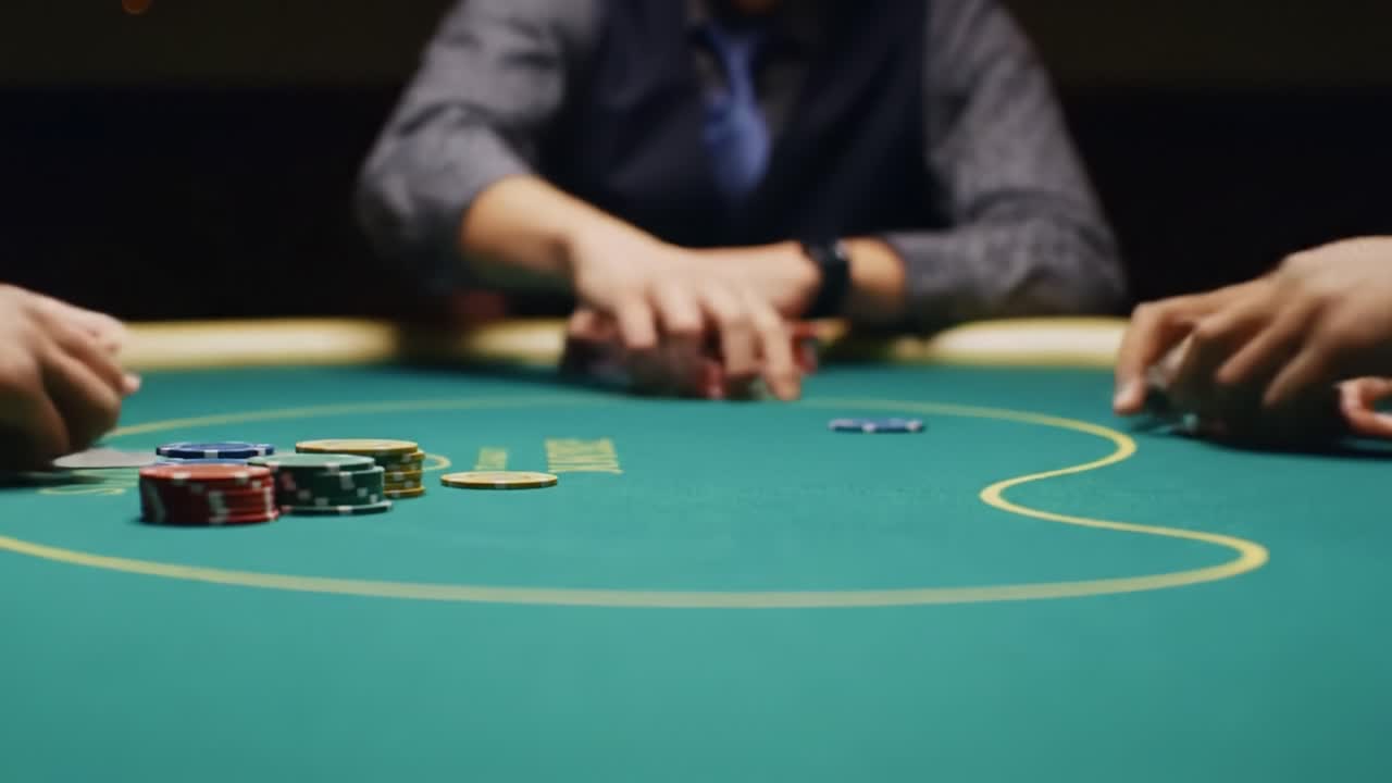 A High-Stakes Poker Game: Players Strategically Maneuvering Chips on a Vibrant Green Table Surface in a Competitive Atmosphere