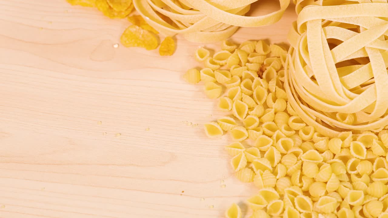 Various pasta types and grains arranged on a light wooden background with warm lighting, emphasizing texture and color contrast