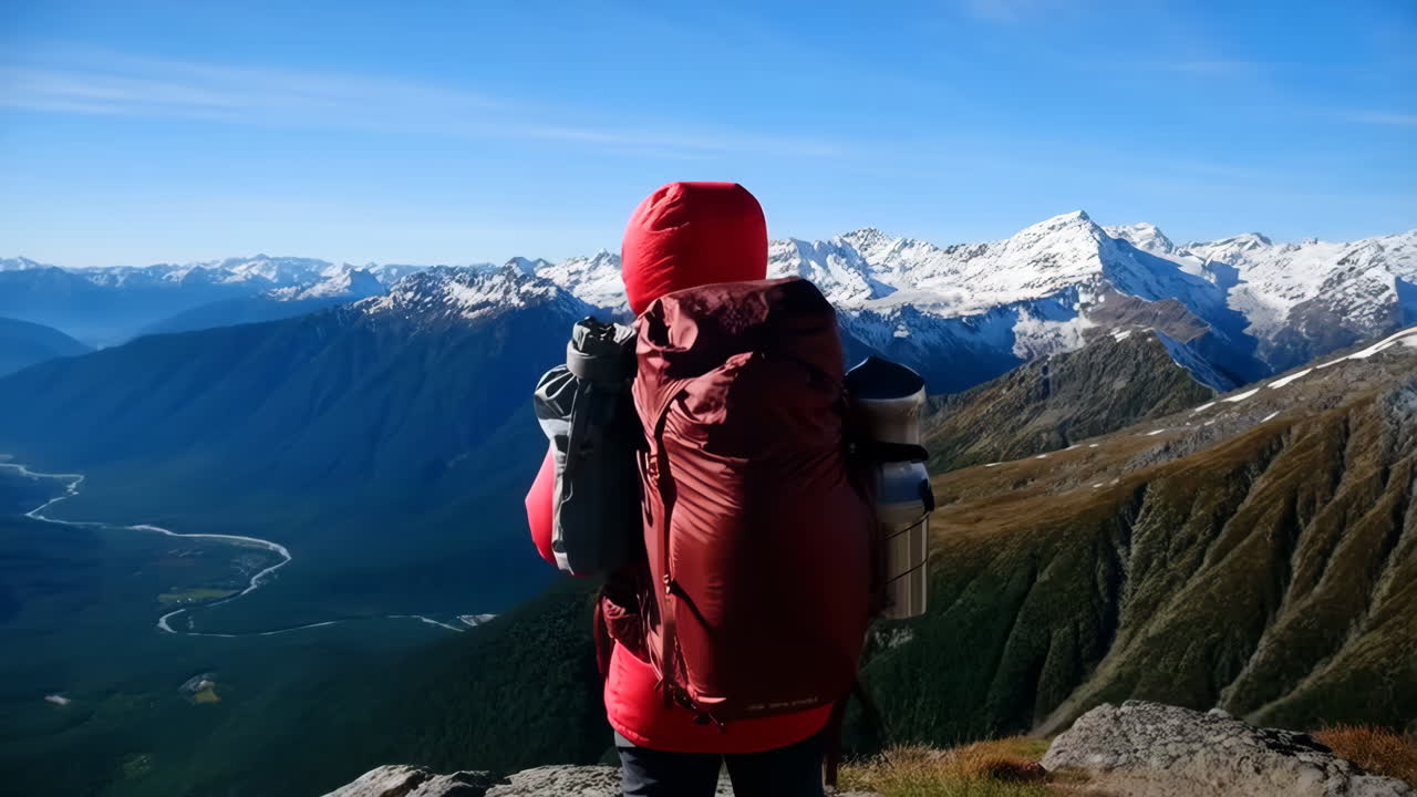 Hiker overlooking a vast mountain landscape with a winding river below