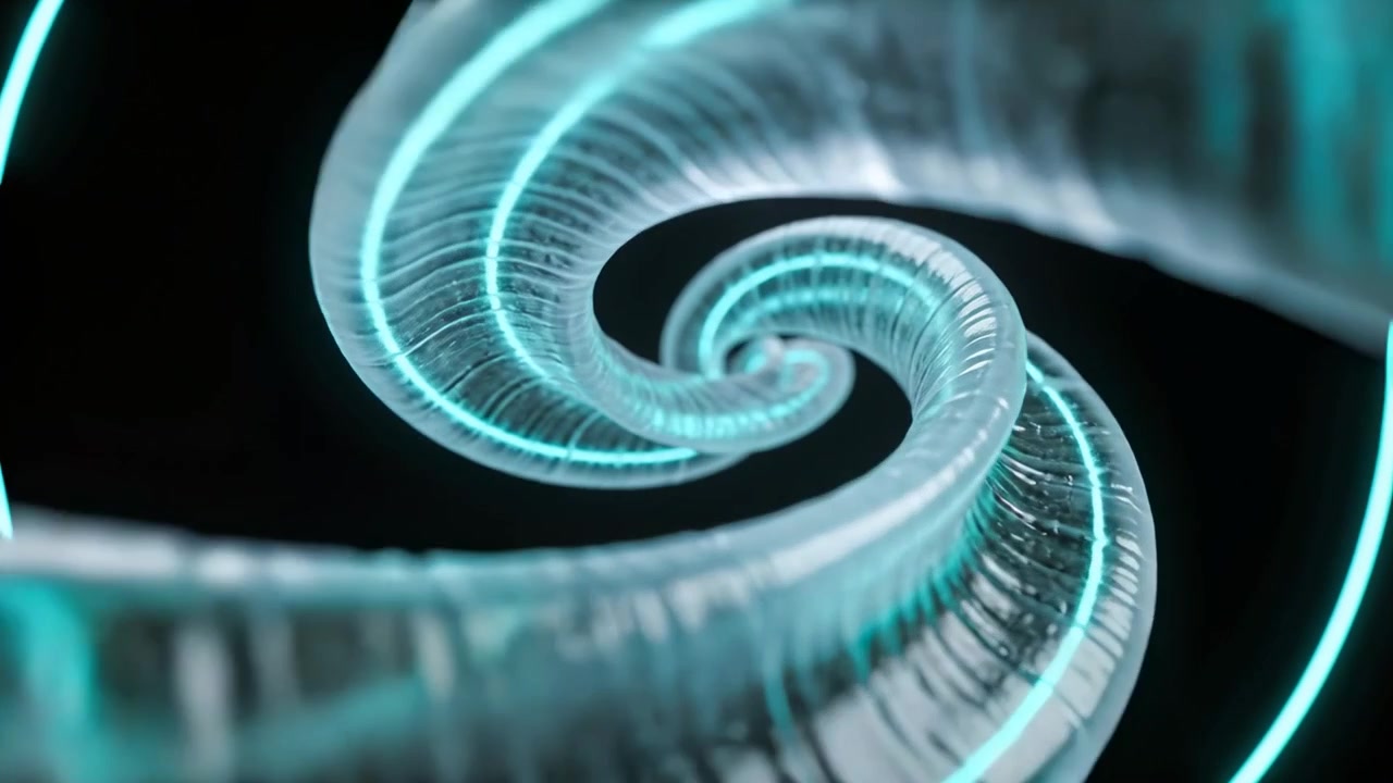 Rotating clear spiral tube moving into vortex, camera orbiting, revealing cyan seam and neon arc