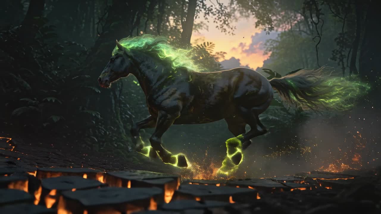 Un grande cavallo scuro si muove in una fitta foresta, con la criniera verde fluente e gli zoccoli che sprigionano scintille da fessure di lava.