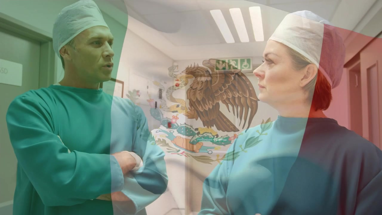Animação da bandeira do México sobre médicos caucasianos conversando
