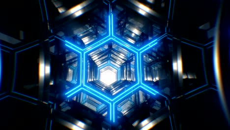 vuelo infinito sin costuras en un brillante corredor futurista hecho de metal