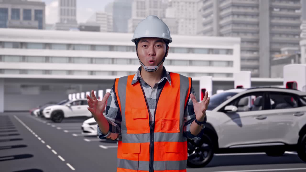 ヘルメットを着用したアジア人男性エンジニアが、カメラに向かって微笑み「ワオ」と言いながら立っている、現代的な都市型充電ステーションで充電中の電気自動車。