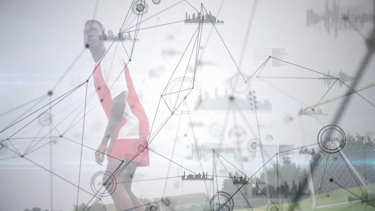 Playing soccer, athlete with data network animation overlay in stadium