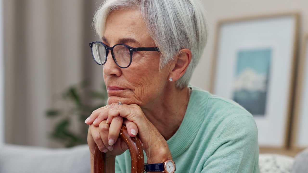 Retirement, thinking and cane with old woman