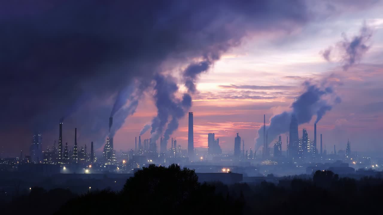 A Dusk-to-Dawn Transformation of an Industrial Skyline: Emissions and Pollution Shaping the Night, Highlighting the Bitter Contrast between Advancements and Environmental Concerns in Urban Development