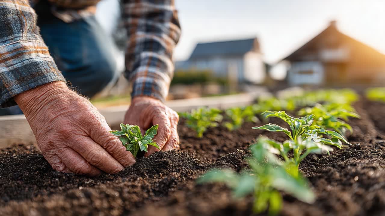 Plantando Mudas Cuidadosamente em um Canteiro de Jardim: Um Olhar Detalhado sobre o Processo de Jardinagem e Cultivo de Plantas Jovens em Solo Fértil ao Nascer do Sol