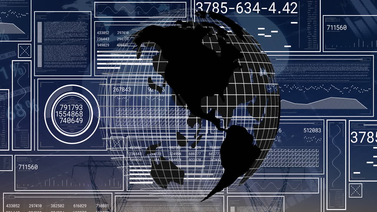 Animation of financial data processing and globe over electricity pylons