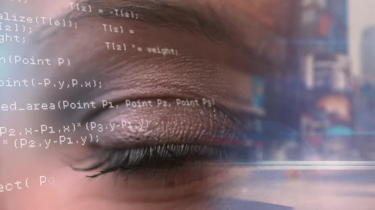 animación del procesamiento de datos sobre el ojo de una mujer caucásica