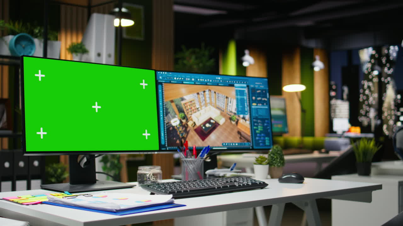 Green screen and architectural software on dual monitors at the workstation