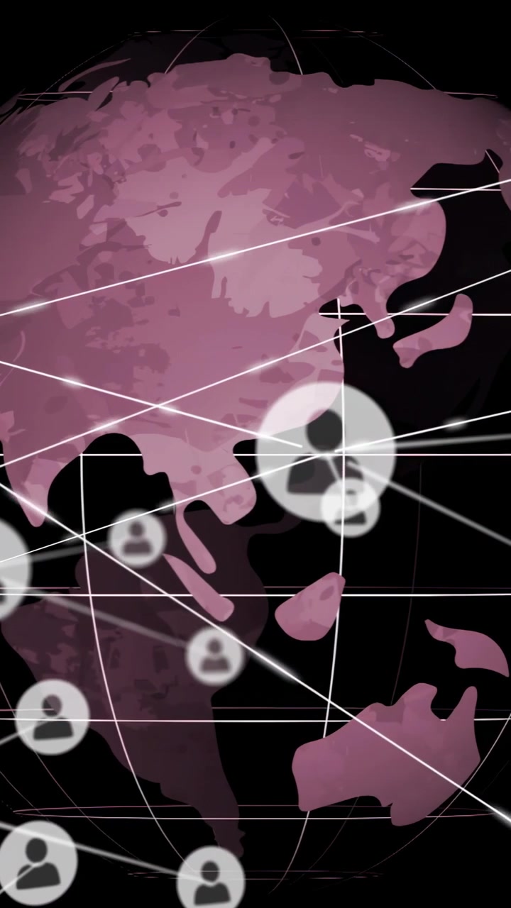 Vertical video: Magenta globe pulsing from west Africa, rotating east and forming tech icon hubs