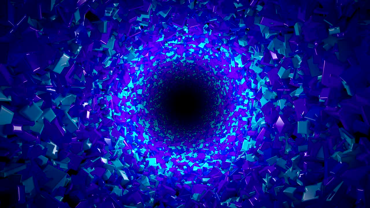 Moving through an abstract tunnel made from blue boxes, looping animation