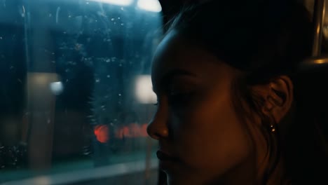 woman looking out window on public transportation at night