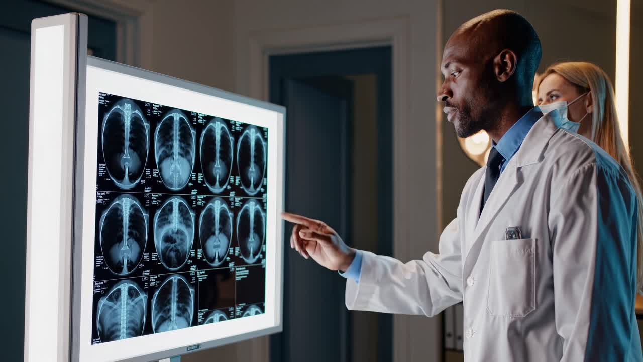 Il medico esamina radiografie su un negatoscopio, angolazione laterale. Il video cattura un'atmosfera clinica e professionale