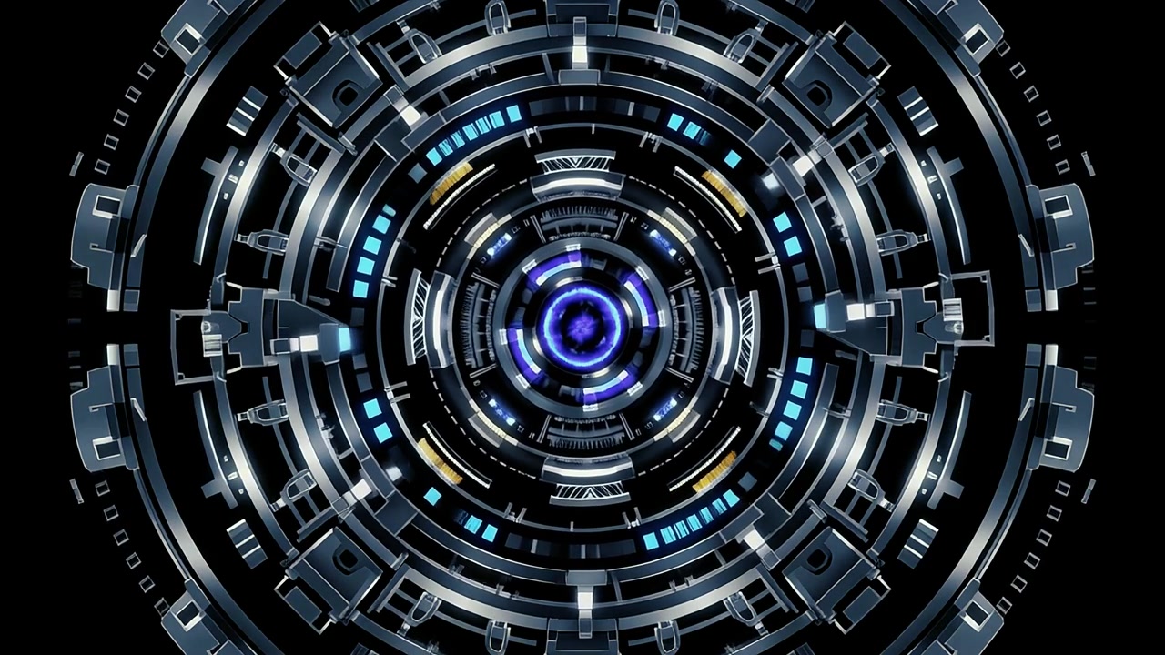 Interfaccia circolare futuristica ad alta tecnologia con luci blu e gialle