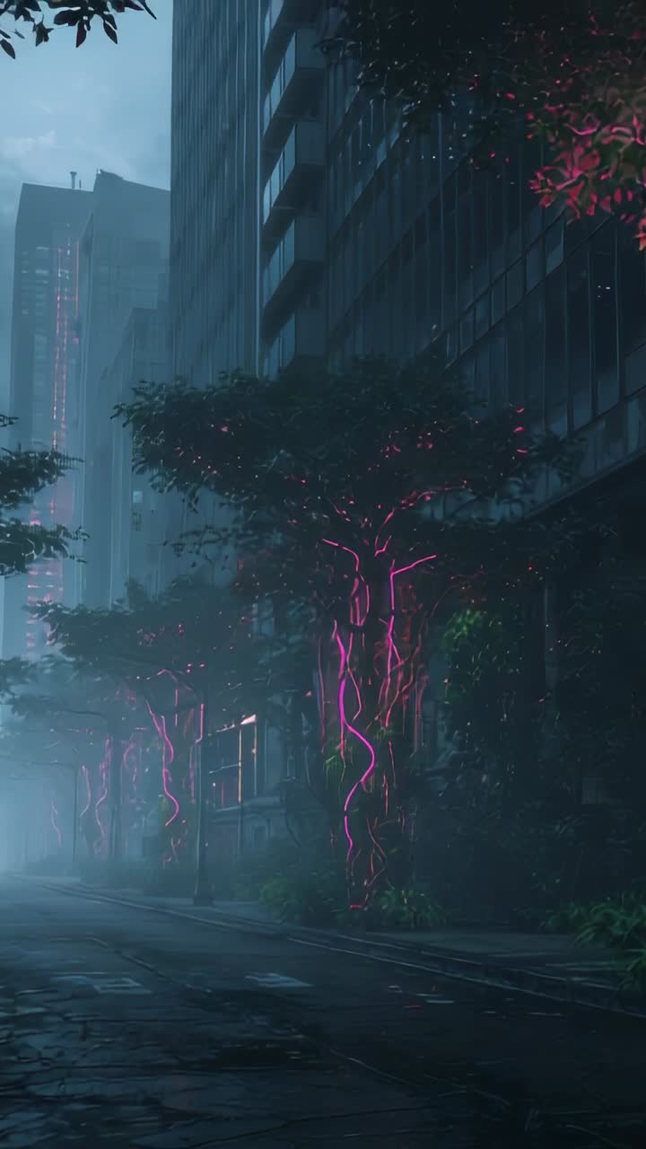 Video verticale: rivela alberi illuminati al neon e la facciata di una torre che brilla sul marciapiede bagnato, con la nebbia che si disperde