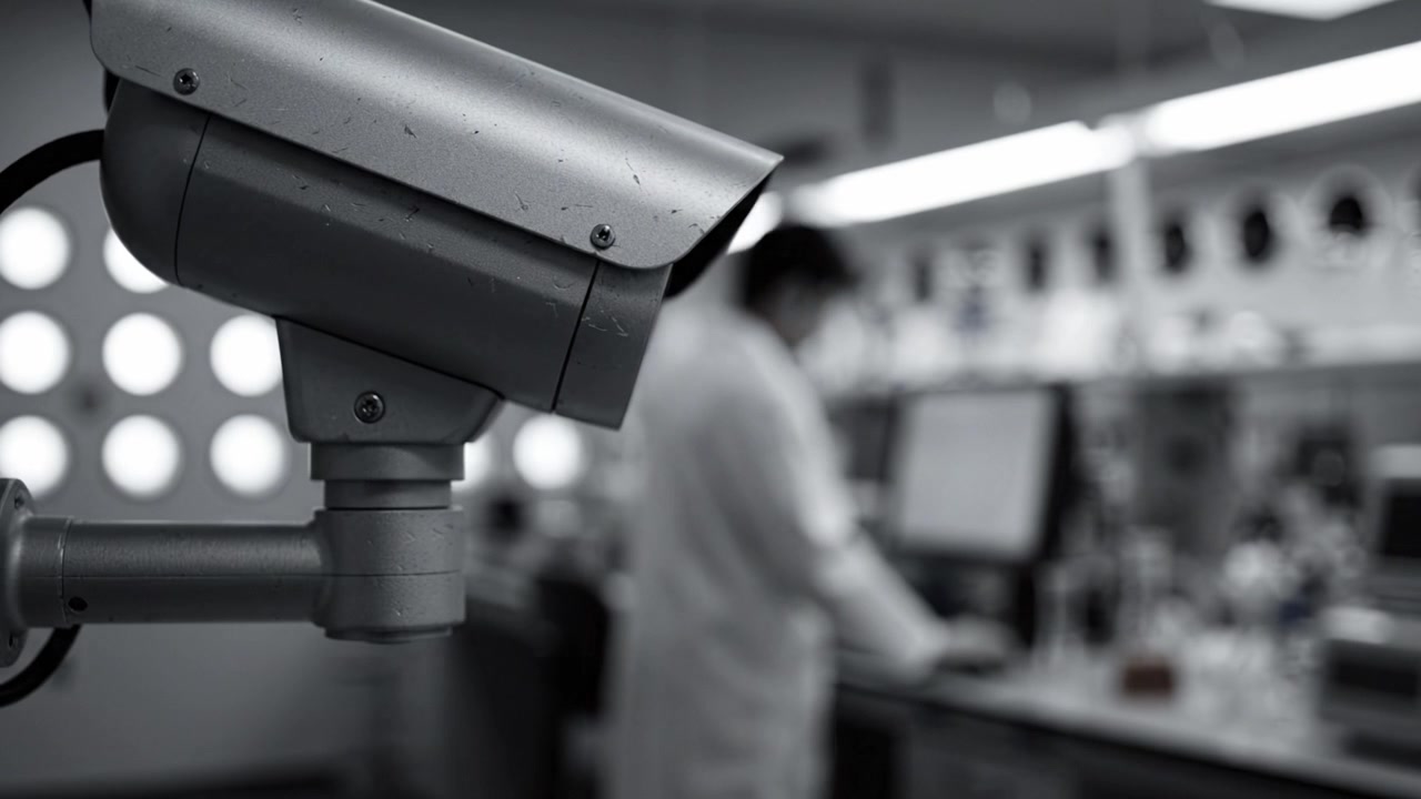 Sorveglianza in un ambiente di laboratorio: monitoraggio delle attività con una telecamera a circuito chiuso che riprende ricerca e lavoro scientifico sullo sfondo.