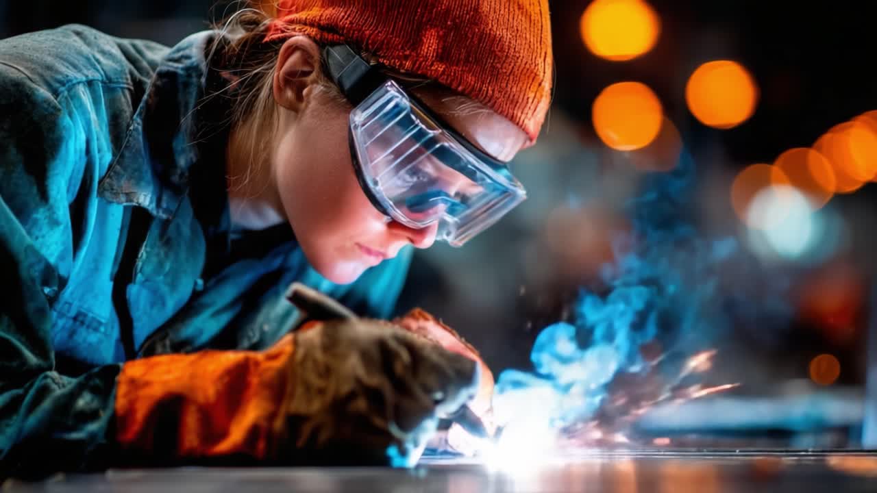 A Focused Welder in Action: Capturing the Precision and Skill of Welding as Sparks Fly and Smoke Unleashes in a Dynamic Workshop Environment