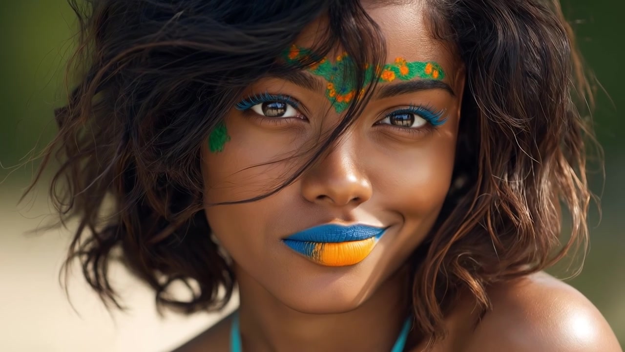 Close up portrait of a young woman with creative colorful face paint and two tone lipstick smiling