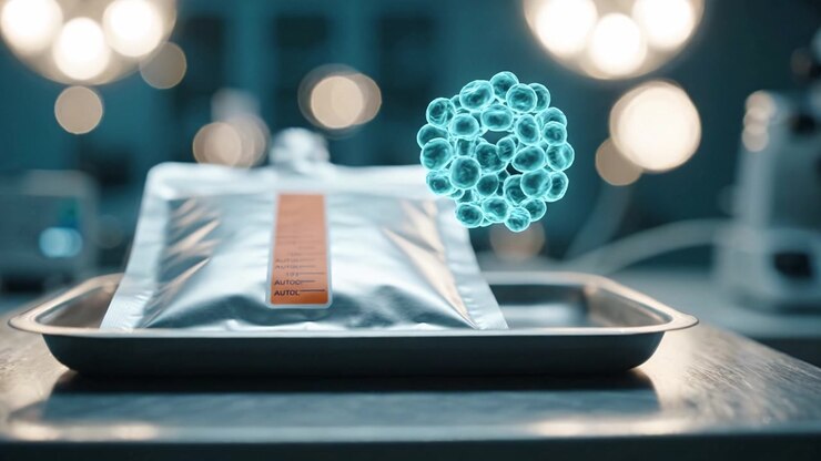 A sterile medical tray holds a sealed package under surgical lights, while a digital representation of a cell interactively hovers above, showcasing scientific advancement.