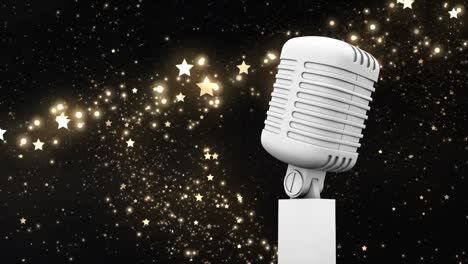 retro white microphone against golden shooting star against black background