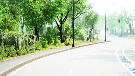 City-street-with-empty-road-and-morning-light-in-Europe