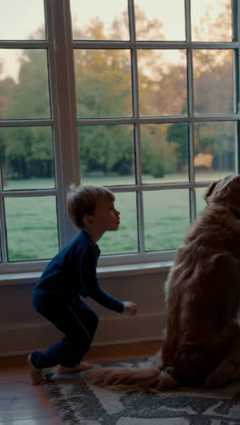 boy and golden retriever by the window
