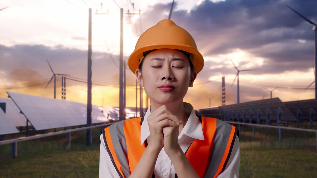 Close Up Of Asian Female Engineer With Safety Helmet Pray For Something With Solar Panel and Wind Turbines