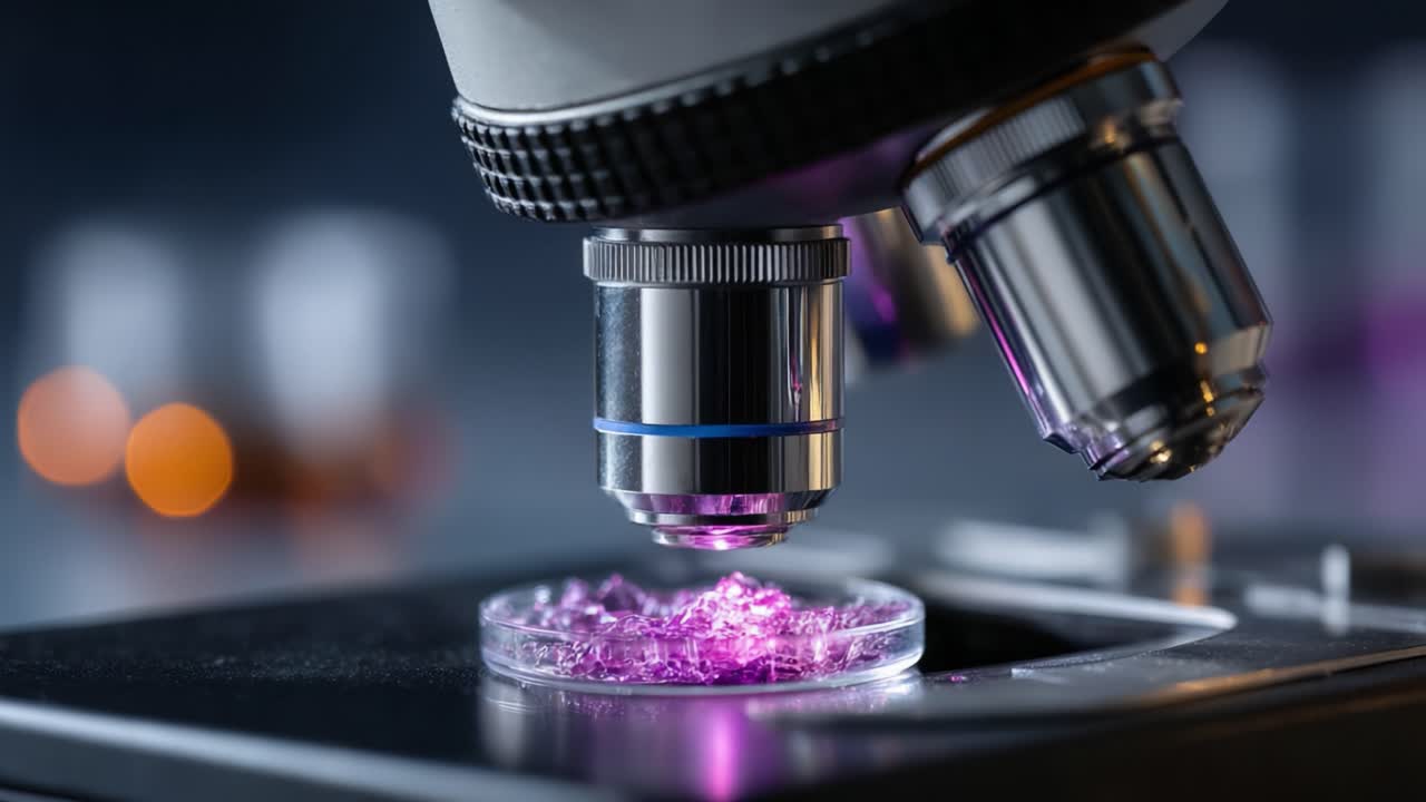 Exploring Microscopy: Captivating Close-Ups of a Microscope Examining Colorful Crystal Samples for Scientific Research and Discovery