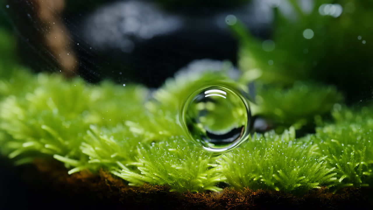 Macro Shot of a Water Droplet on Green Moss