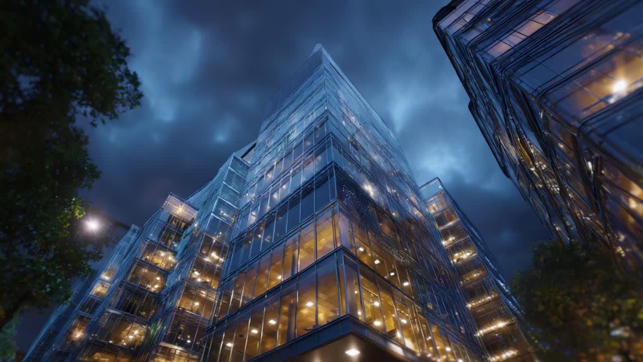 Arranha-céus modernos iluminados em um céu noturno dramático com nuvens, exibindo arquitetura e design urbano impressionantes em um ambiente de metrópole