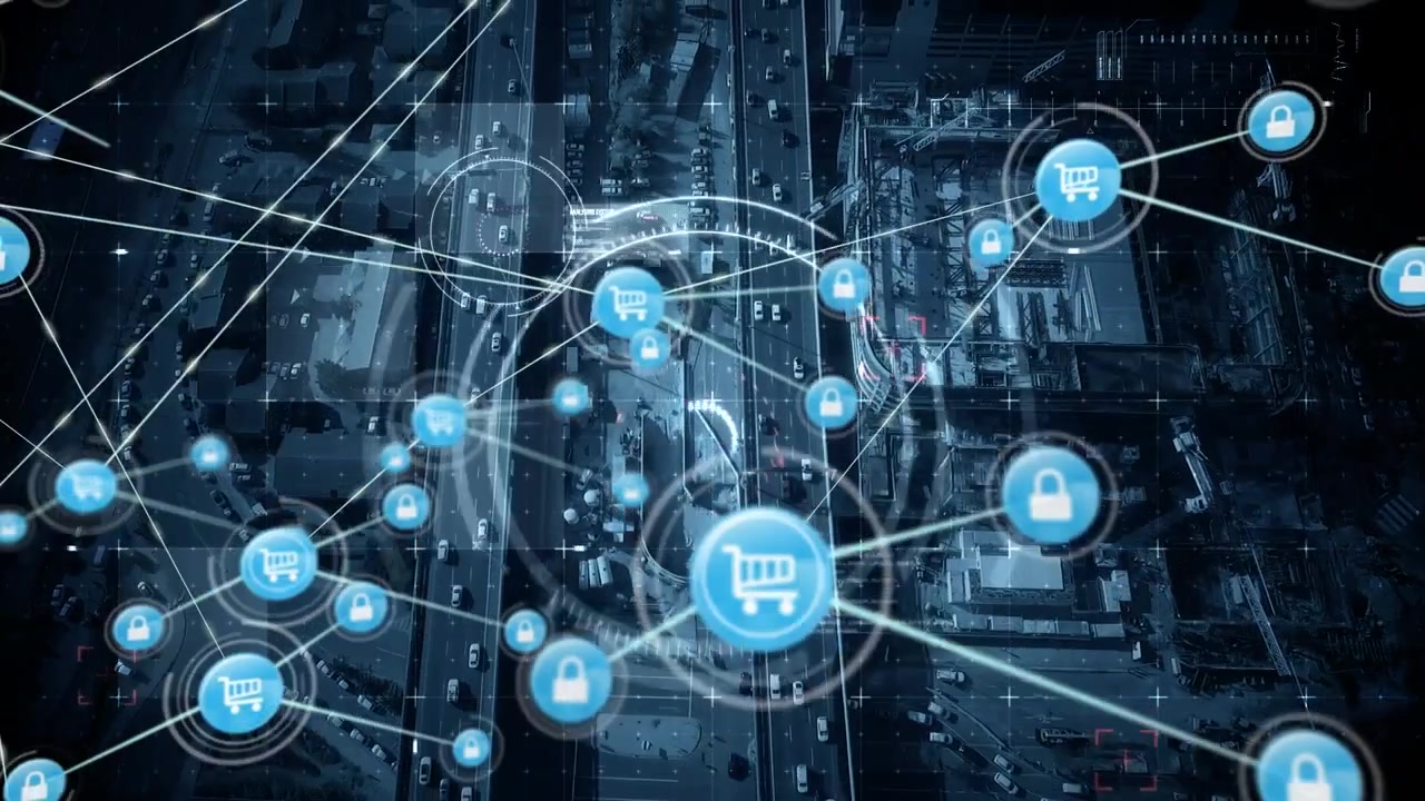 Animazione di una rete di connessioni e una scansione radar su un paesaggio urbano.