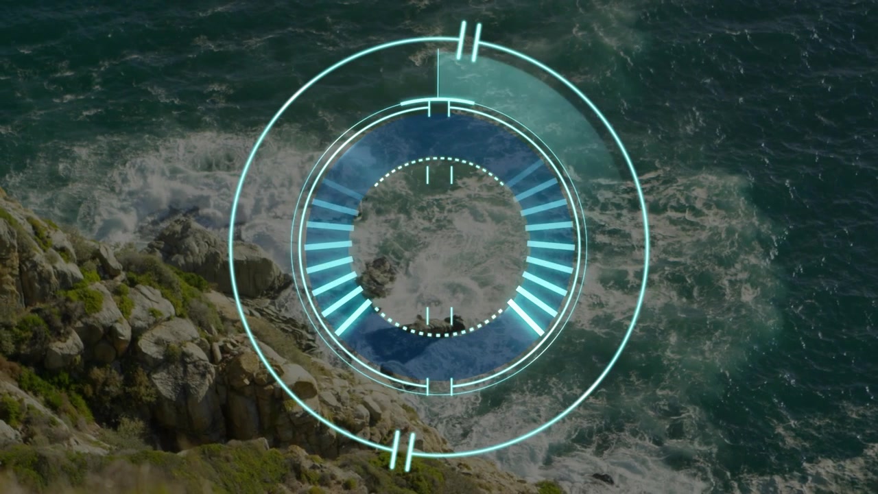 At start cyan HUD appearing, radial bars scanning clockwise, sector sweeping, indicating coast scan